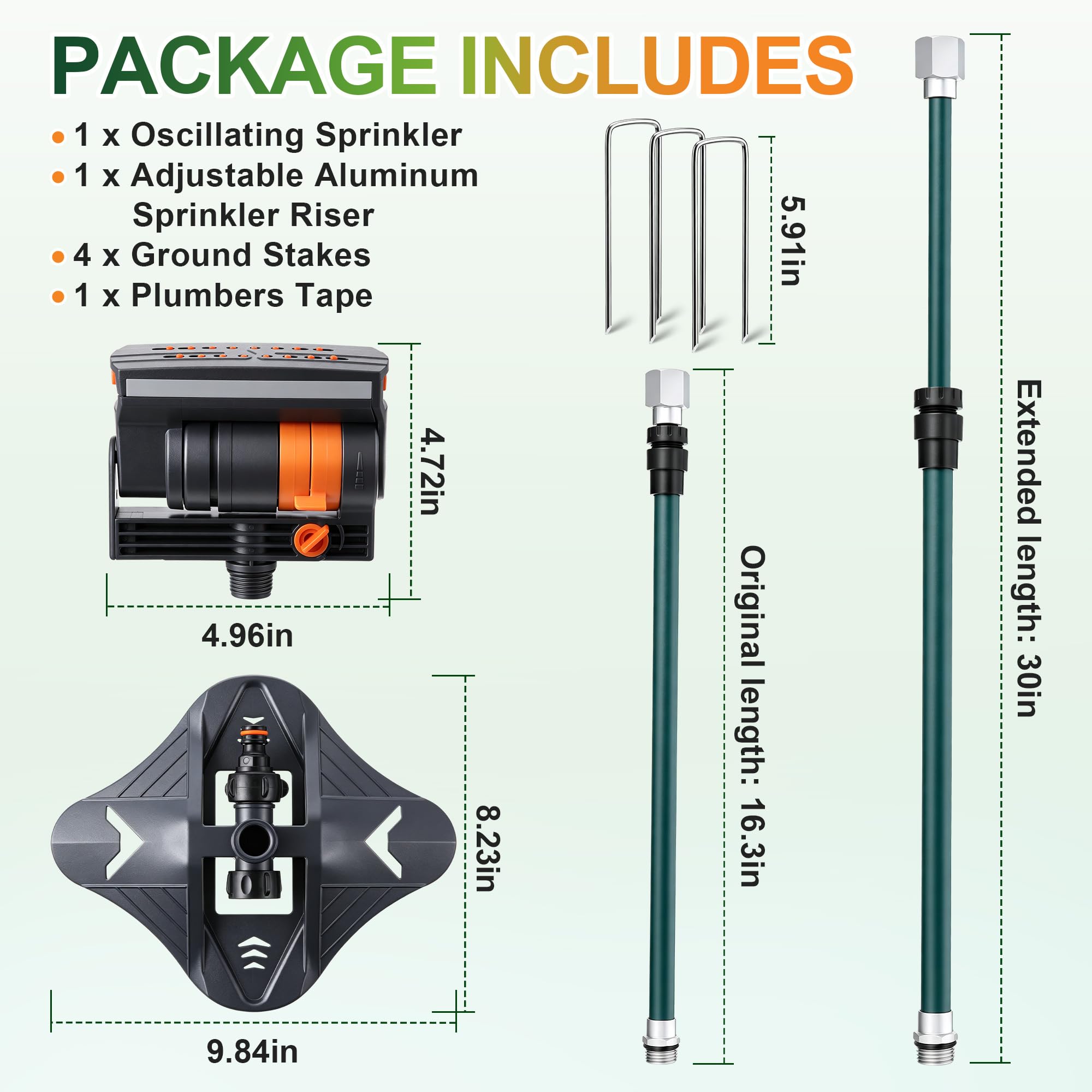 Oszillierender Sprinkler mit verstellbarer Aluminiumerhöhung, 4-Wege-Rasensprinkler für Hof und Garten, 16 Düsen, Abdeckung bis zu 4,069 m². Ideal für die Bewässerung verschiedener Höhen