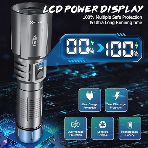 Miniatura 6 de Linterna LED recargable - Linterna táctica de alta potencia de 5 modos para camping, emergencia, senderismo, pantalla de alimentación digital,