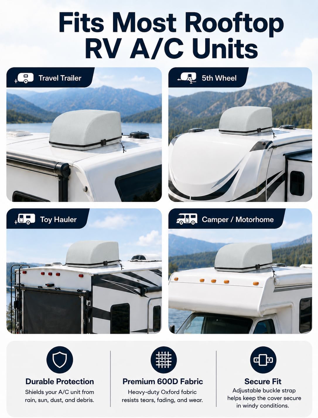 RV Air Conditioner Cover, Waterproof 600D Oxford Camper AC Covers | RV AC Cover for Rooftop Units, Windproof Elastic Buckle Design, Protects from Rain Snow Sun, for Travel Trailer Motorhome