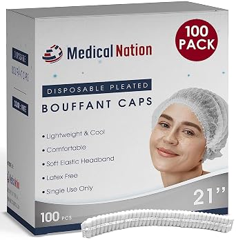 Medical Nation Hair Net, Disposable Pleated Hair Nets | White, 100 Count | Bouffant Hair Cap Hair Nets for Food Service, Medical Use - 21" Hairnets for Women & Men- Latex Free with Elastic Band- White