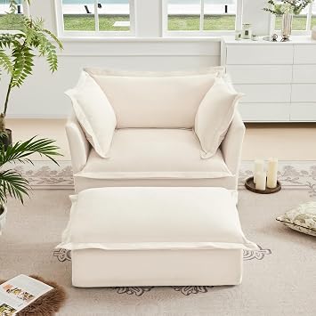 Oversized Sofa Chair with Ottoman, Modern Lazy Floor Accent Chair with 2 Pillows & Detachable Cover, 24" Deep Seat Large Reading Armchair for Living Room Bedroom Office - Chenille, Beige
