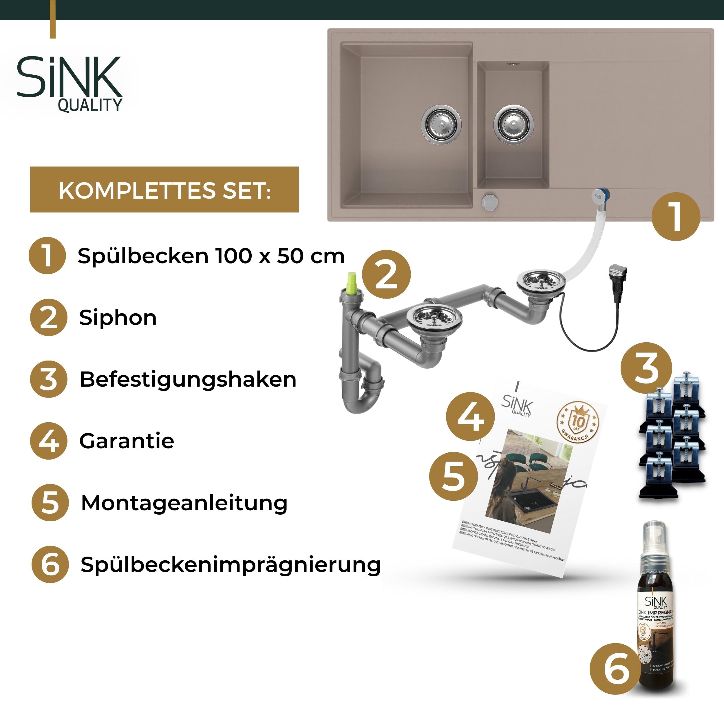SINK QUALITY Spülbecken beige 100x50 cm, Granitspüle 1,5 Becken, Spüle mit Siphon und Imprägniermittel, Küchenspüle ab 60er Unterschrank