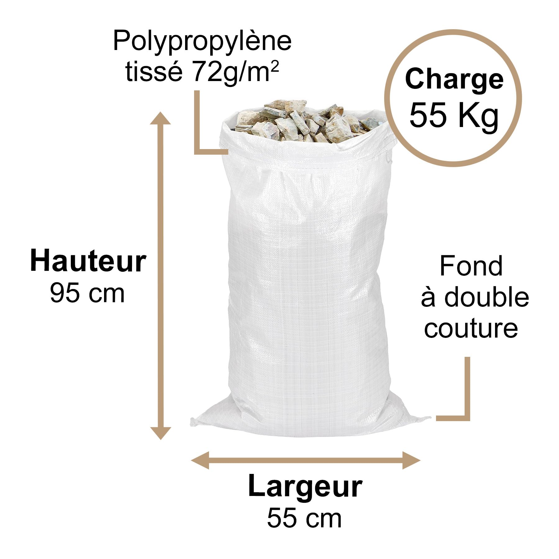 10 Sacchi Per Macerie 55 X 95 Cm 55 Kg, Tela Di Polipropilene Intrecciata Resistente Sacchi Per Edilizia Rifiuti Da Giardino Sabbia Riutilizzabili 92005585