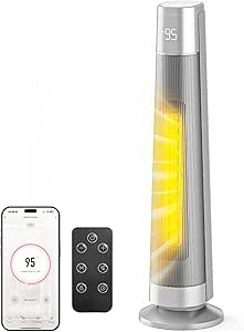 FLANUR 1500W PTC Ceramic Smart Space Heaters for Indoor Use, Portable Heater with Remote &amp; App Control for Large Room, Office, ECO Modes, Safety Protection, 70° Oscillation, 12H Timer, Silver, 1 Pack