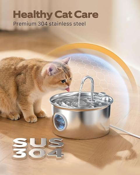 Fontaine a Eau Chat INOX: Fontaine à Eau pour Chat Acier Inoxydable Automatique avec Fenêtre de Niveau d'eau - 2,6L Silencieuse Distributeur d'eau Électrique avec Robinet pour Petits Chiens - 3