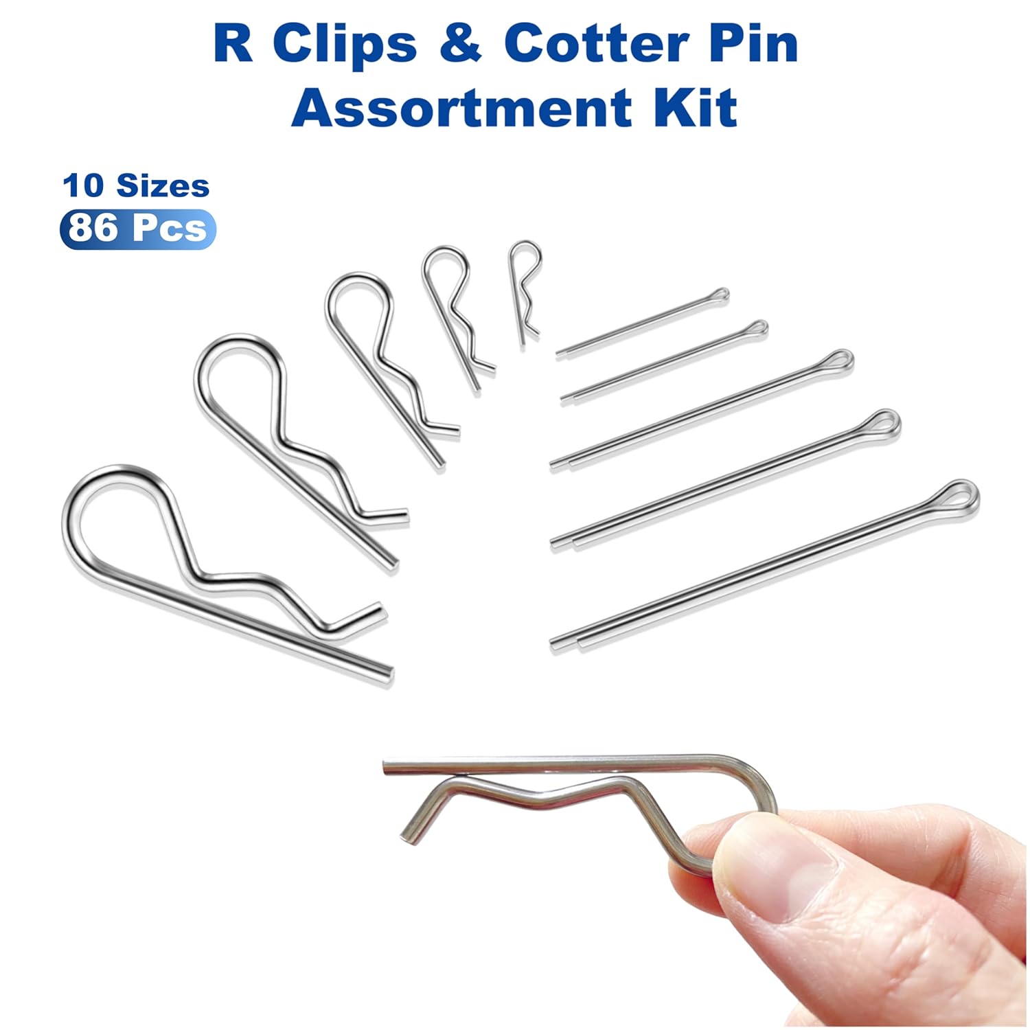 86 PCS Cotter Pin Assortment Kit, 10 Sizes Stainless Steel Cotter Pins & R Clips, Heavy Duty Pin Clips, Lock Pins for Hitch Pin Lock Systems, Lawn Mowers, Tractor