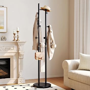 CozyDH Coat Rack Wooden Freestanding - Wood Coat Rack Freestanding Heavy Duty, Wooden Coat Stand with 6 Hooks Creative Look for Entryway, Hallway, Bedroom Black