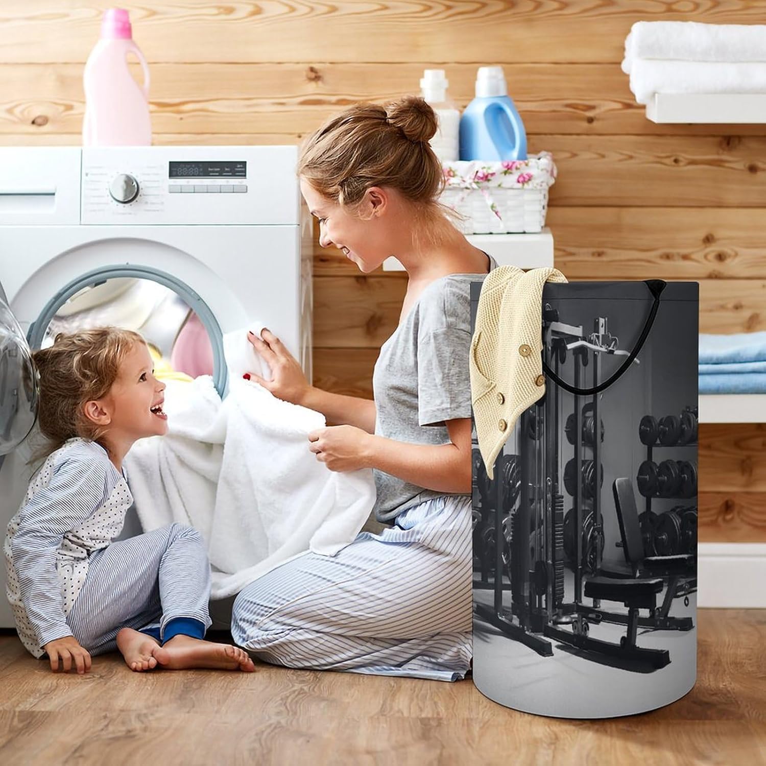 Gym Equipment Laundry Hamper with Handles Waterproof Collapsible Laundry Basket Large Lightweight Round Dirty Clothes Hamper for Home Dorm Bathroom Decor