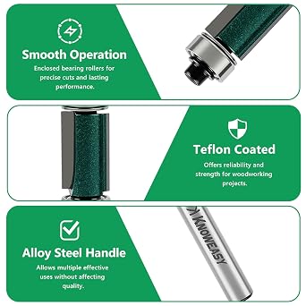 Knoweasy 4Pcs Flush Trim Router Bit Set with Top and Bottom Bearing, 1/4 Inch Shank for Smooth Woodworking, Includes 1/2 Inch Cutting Diameter Bits with 3/4, 1, 1-1/4 and 1-1/2 Inch Cutting Length for