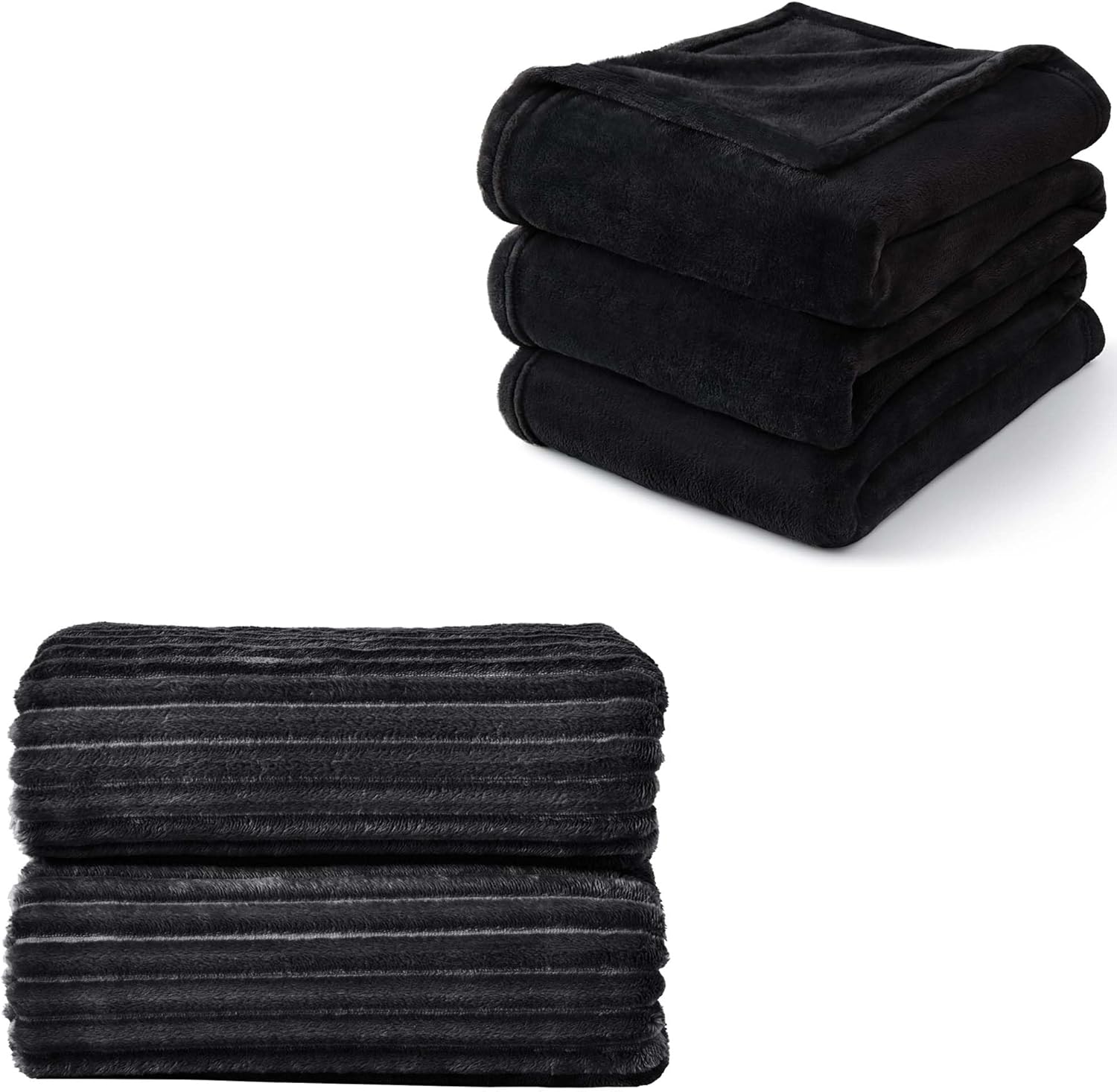 BEDELITE 2 Pieces Fleece Blanket (Black, Solid & Striped, 90"x90"), Luxury Plush Cozy Fuzzy Blankets