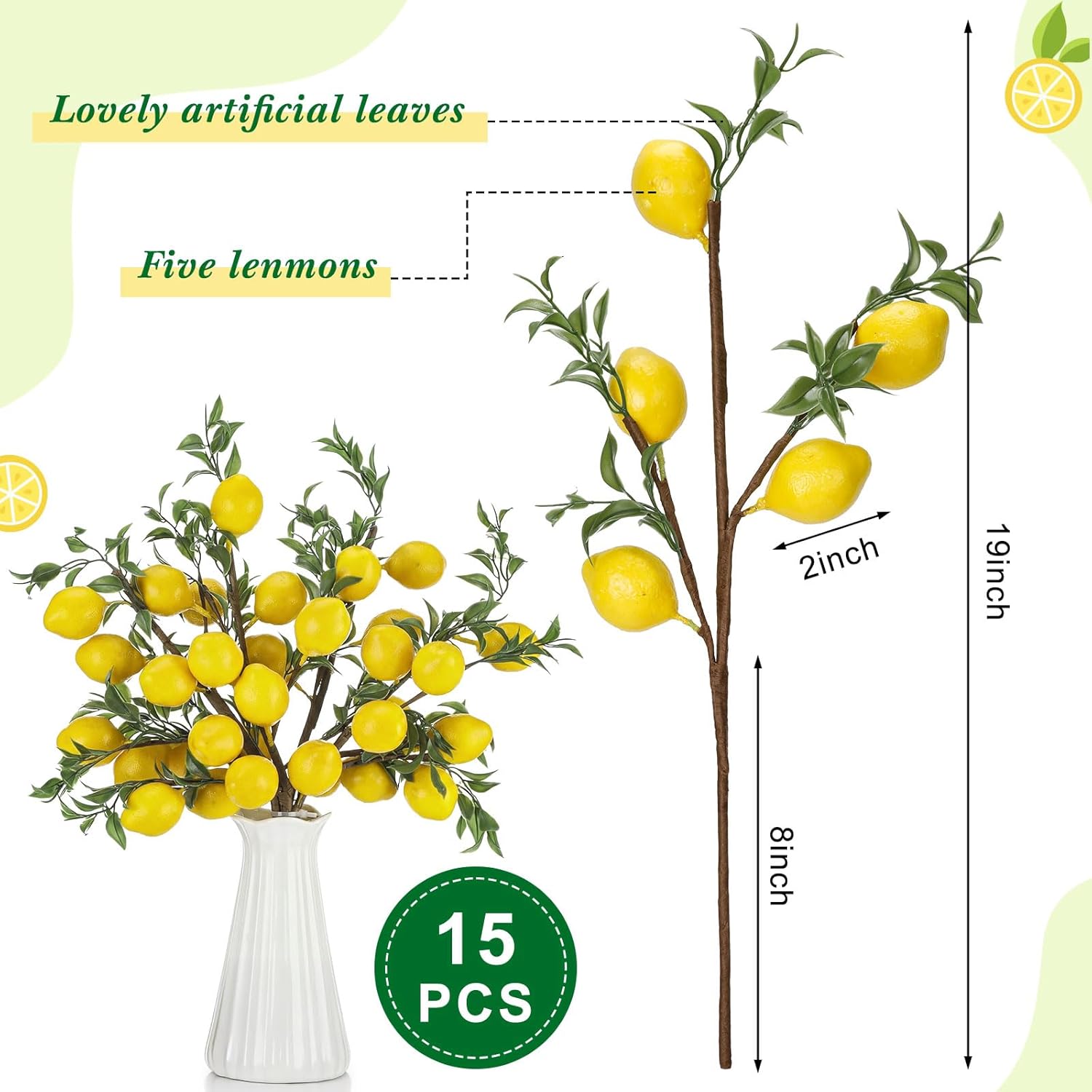 Giegxin 15 Pcs Artificial Lemon Decor 19 Inch Fake Lemons Branch Decoration Vivid Yellow Lime Branches 5 Head Faux Lime with Stem Decorations for Kitchen Table Vase Home Farmhouse Party