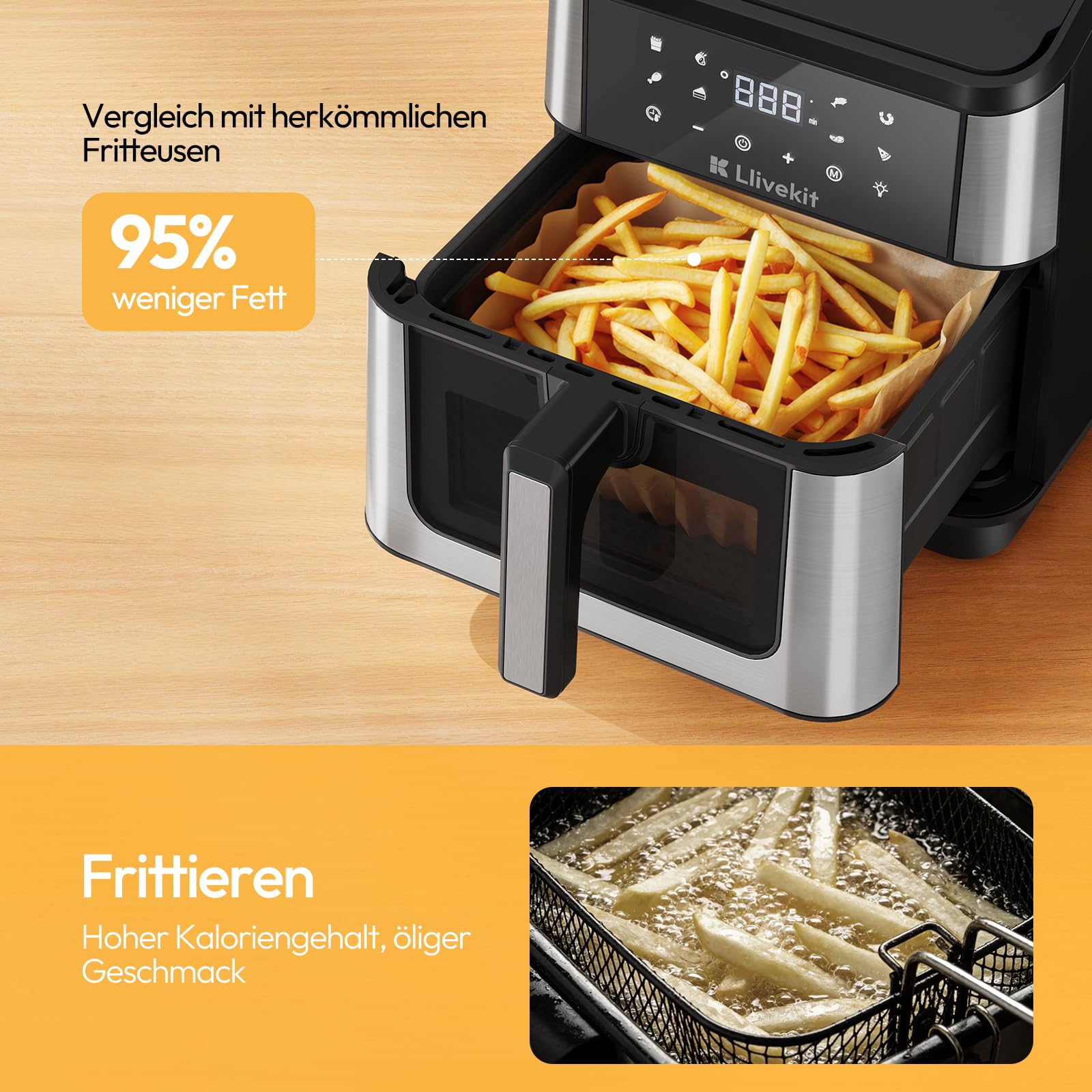 LLIVEKIT 8,5L Dual Blaze Heißluftfritteuse XXL Doppelheizquelle(Oben+Unten) | Airfryer mit 360° Heißluftzirkulation, 95% weniger Fett, Sichtfenster mit Innenbeleuchtung, 8 voreingestellte Programme