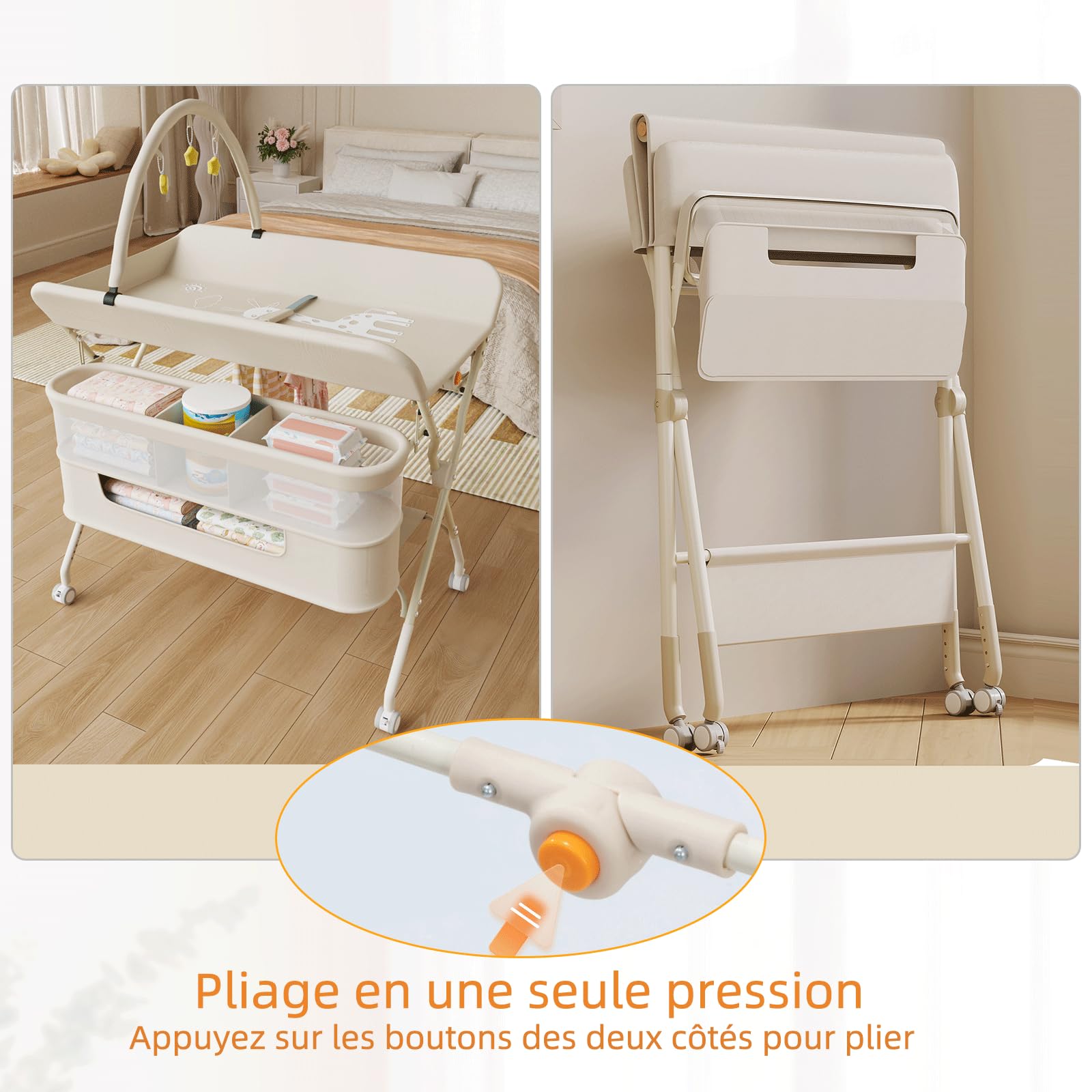 OHMG Table à Langer Pliable, Plan à Langer avec Panier Latéral et roulettes et 3 Jouets,Organiseur de Couches 5 Réglable en Hauteur, Rangement Multifonction pour Chambres d'enfant，75x68x83-91cm