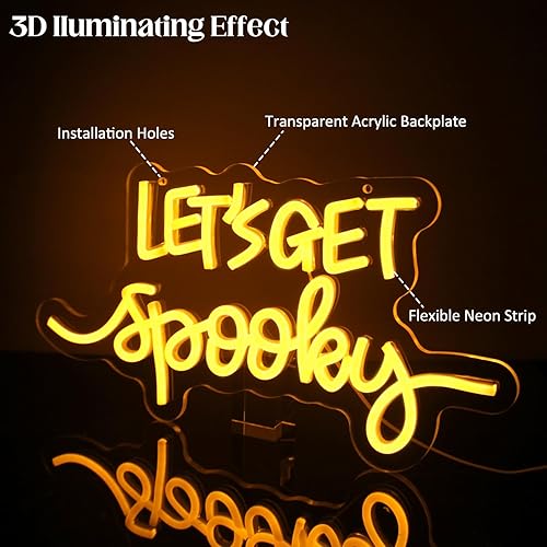 Miniatura 4 de Letreros de neón con texto en inglés "Let's Get Spooky", letrero de neón para Halloween, letras amarillas, luces de neón espeluznantes para pared,