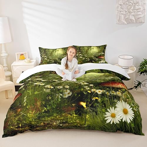 Miniatura 4 de Erosebridal Funda de edredón mágica de hongos, diseño de margaritas, hojas, ramas, puesta de sol, naturaleza, juego de ropa de cama estilo trippy