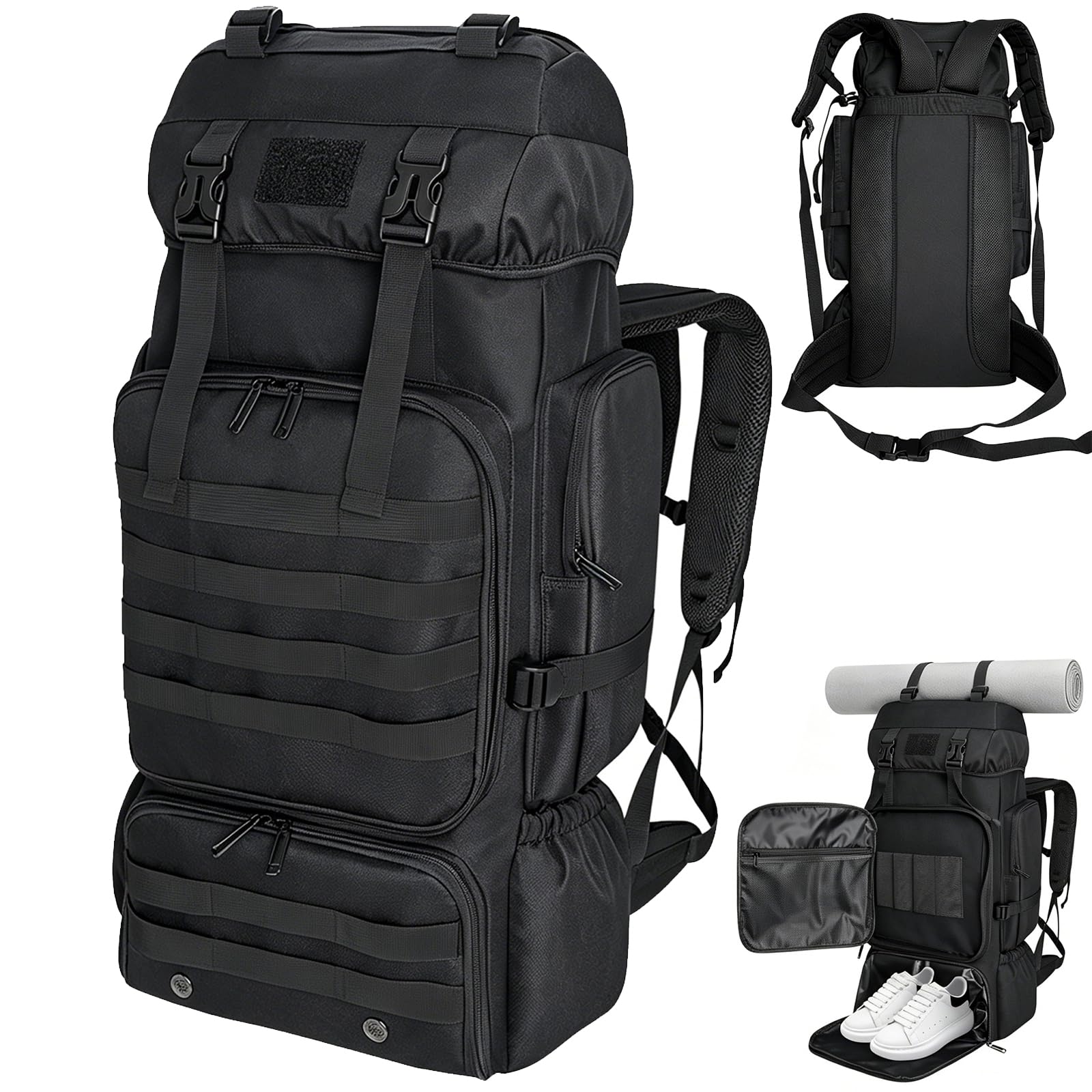 80L 100 litri Zaino Escursionismo Campeggio Zaino, Uomini Outdoor Viaggi Arrampicata Zaino Alpinismo Trekking Zaino, 80l nero con tasca per scarpe