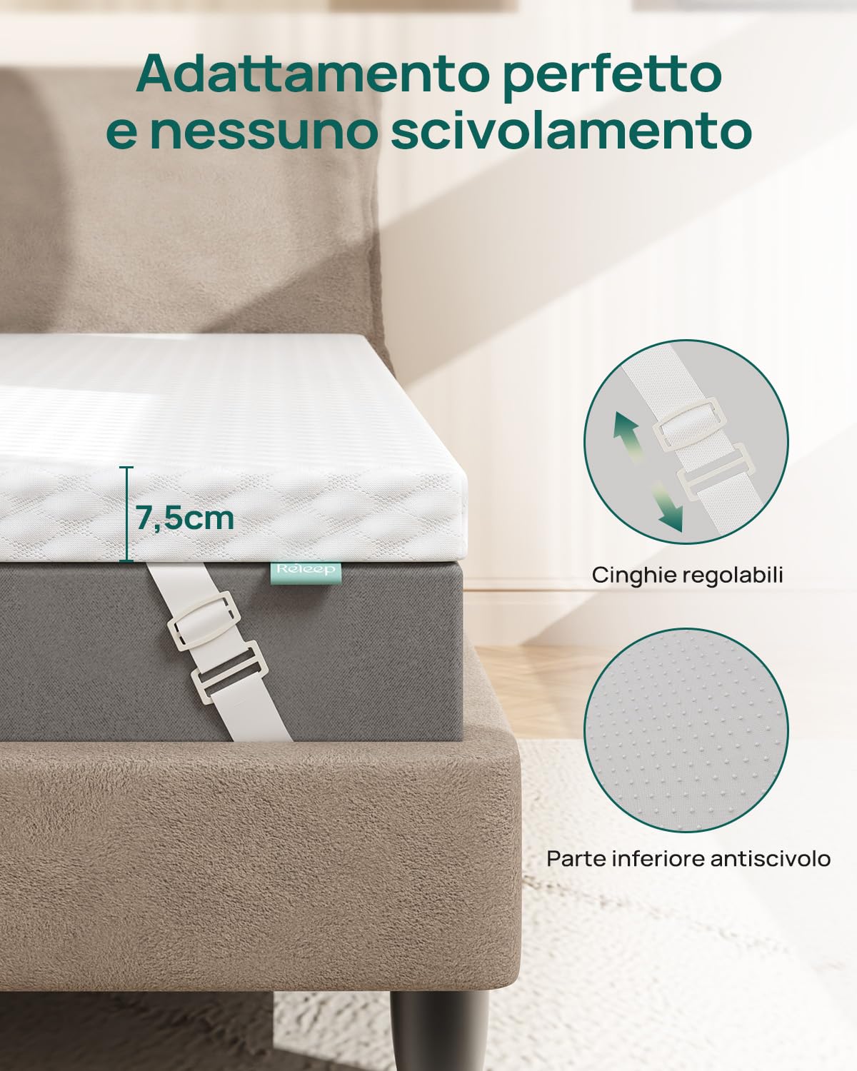 Releep Topper 90x200 cm in Schiuma Gel Alta Densità, Coprimaterasso Altezza 7,5 cm, Nucleo Reversibile con 2 Fermezze e 5 Zone di Supporto, Sovramaterasso Traspirante, Certificato Oeko-TEX & CertiPUR