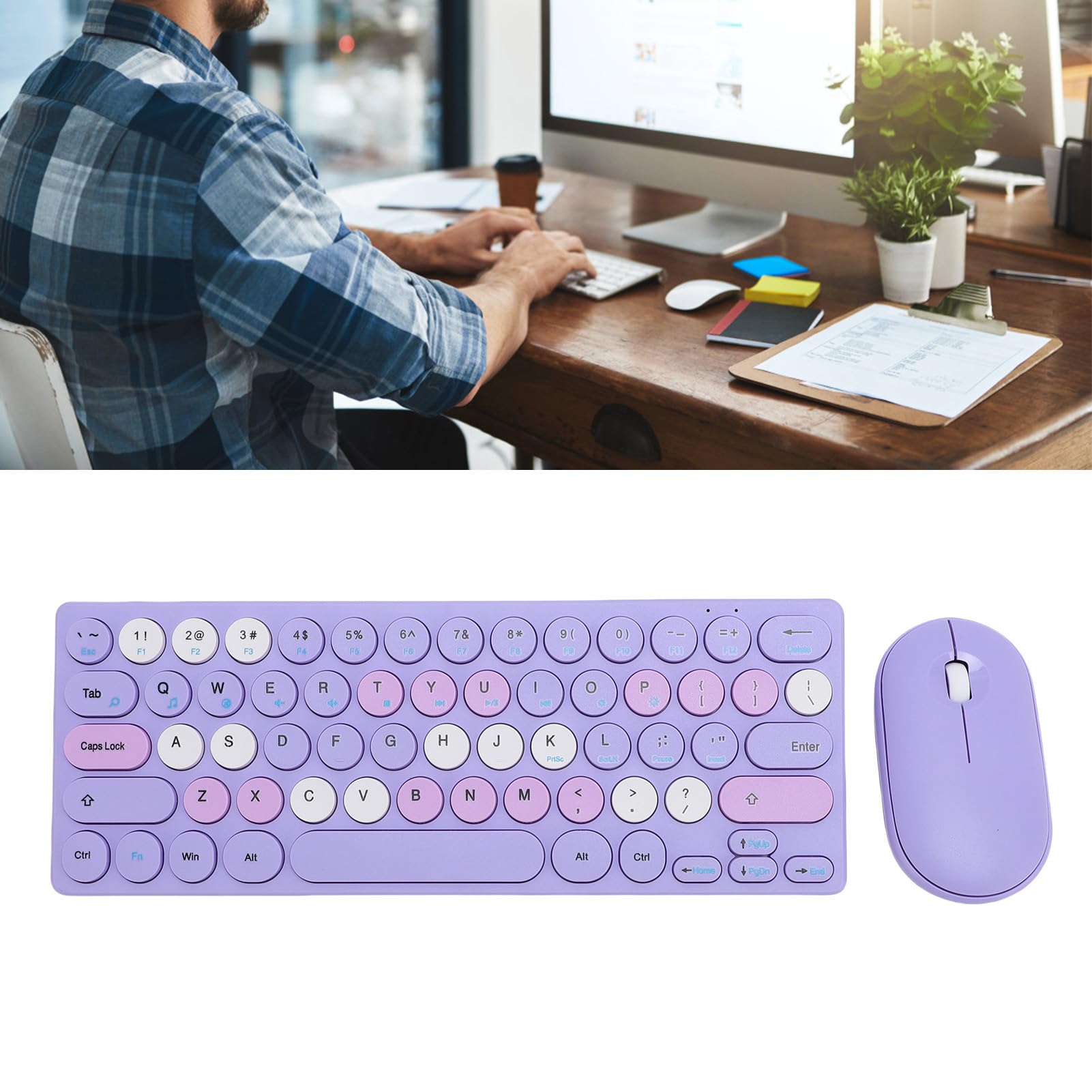 XUMIUZIY Bezprzewodowa Kombinacja Klawiatury i Myszy, Automatyczne Uśpienie Retro 64 Klawiszy, Klawiatura 1200 Dpi Mysz z Odbiornikiem, Połączenie Bezprzewodowe 2,4 GHz, Kompatybilna z (fioletowy)
