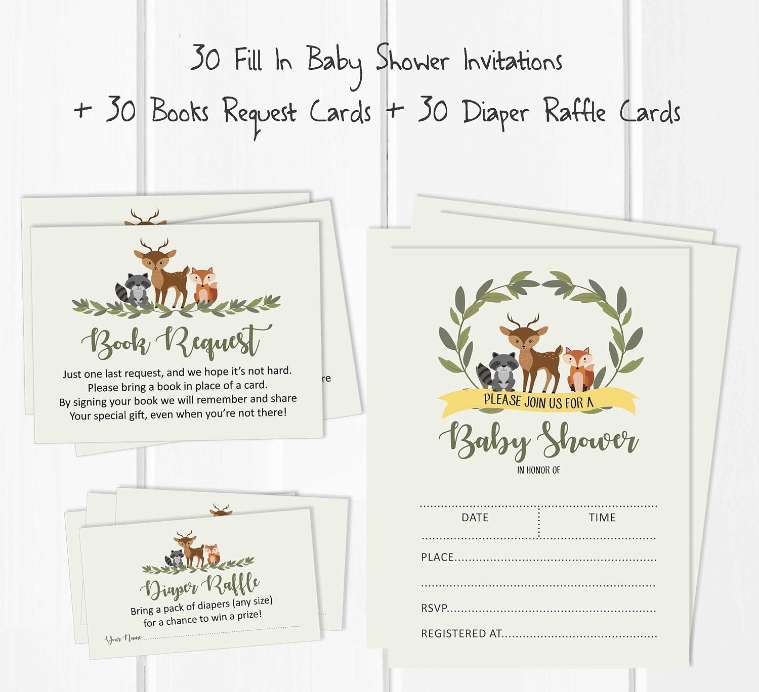 Set of 30 Jungle Animals Baby Shower Invitations-Diaper Raffle Tickets and Baby Shower Book Request Cards Gender Neutral Invites Its A Boy Its A Girl