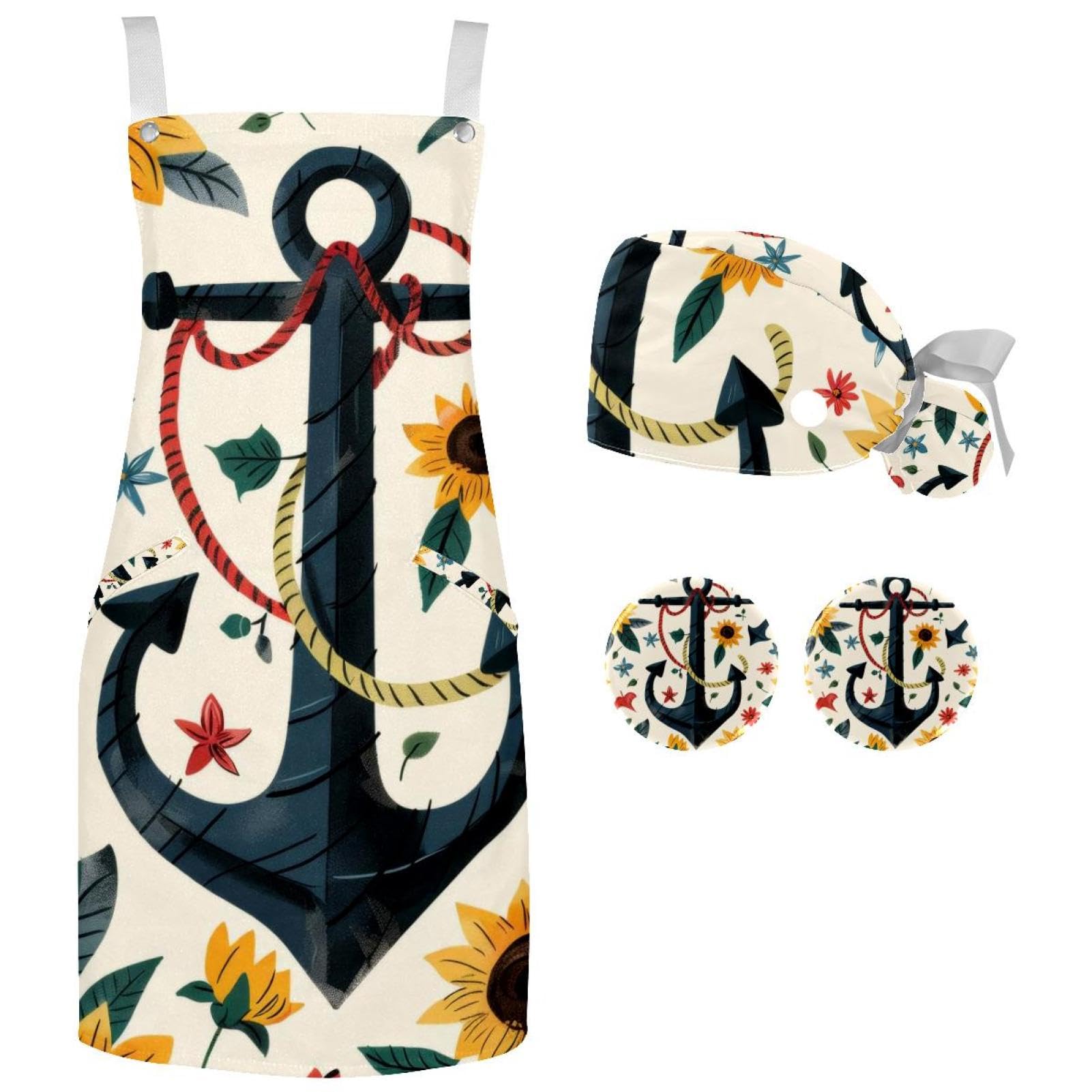 lcndlsoe Chef Apron Hat Set, Sunflowers Anchors Pattern Chef Hat and Kitchen Apron Adult Adjustable Apron with 2 button badges for Cooking Baking