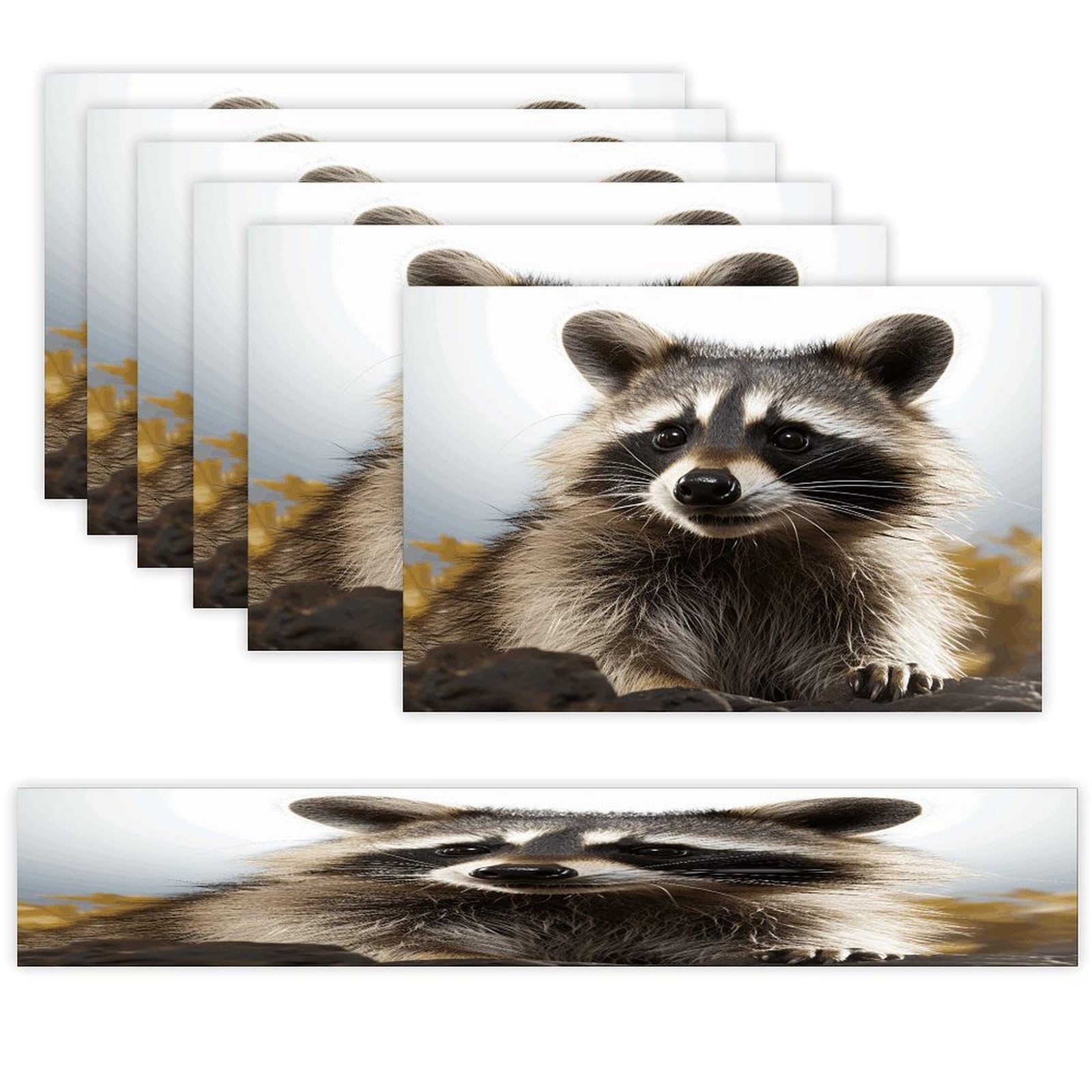 Hairy Raccoon Placemats Set of 7 Exquisite Linen Table Mat Seven Piece Set Includes 13"x71" Fashion Table Runner and 12"x18" Place Mat Decor for Kitchen Dining Room