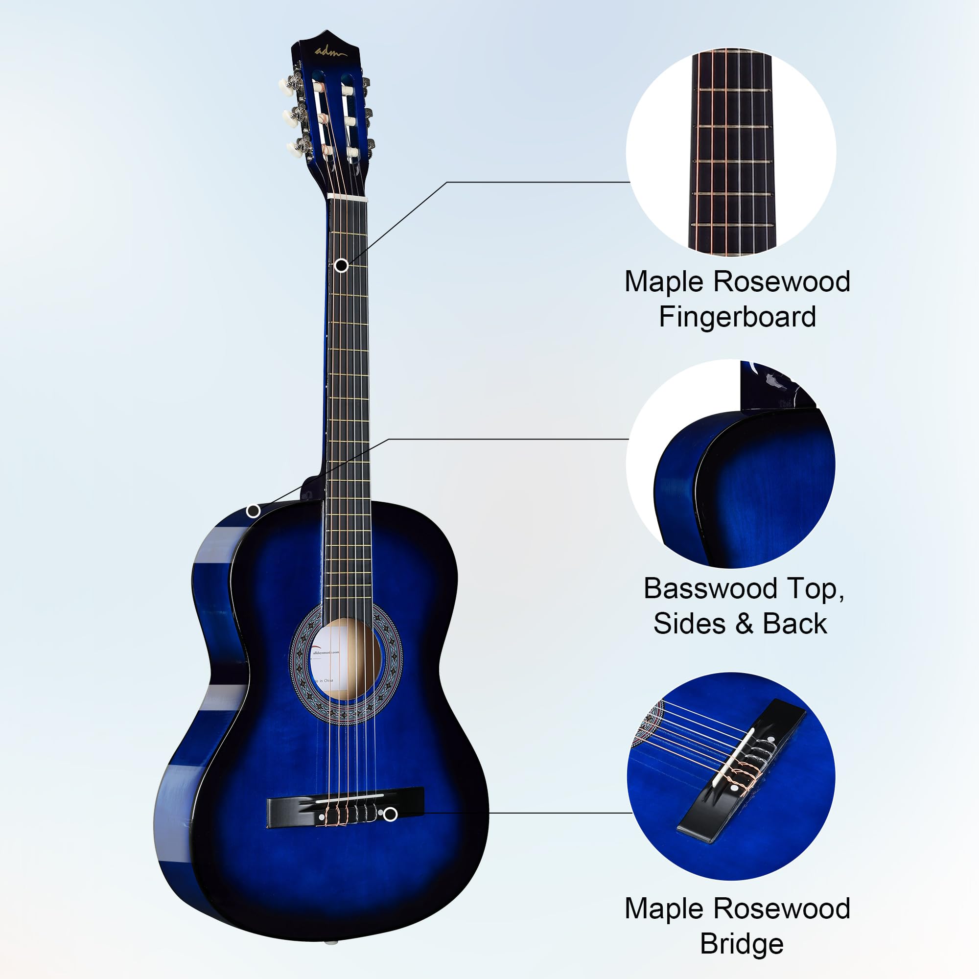 ADM Acoustic Guitar for Adults & Children, 38 Blue Travel Guitar Kit with Steel Strings