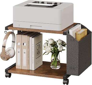VEDECASA 2 Tier Rustic Brown Wooden Under Desk Printer Stand with Storage Bag for Home Office Desktop Printer Table Organizer Mobile Printer Shelf Cart with Caster Wheel