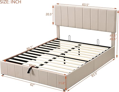 Miniatura 2 de Cama de plataforma tapizada Queen con elevación de gas, marco de cama tamaño Queen con almacenamiento debajo y cabecera tapizada, cama Queen con