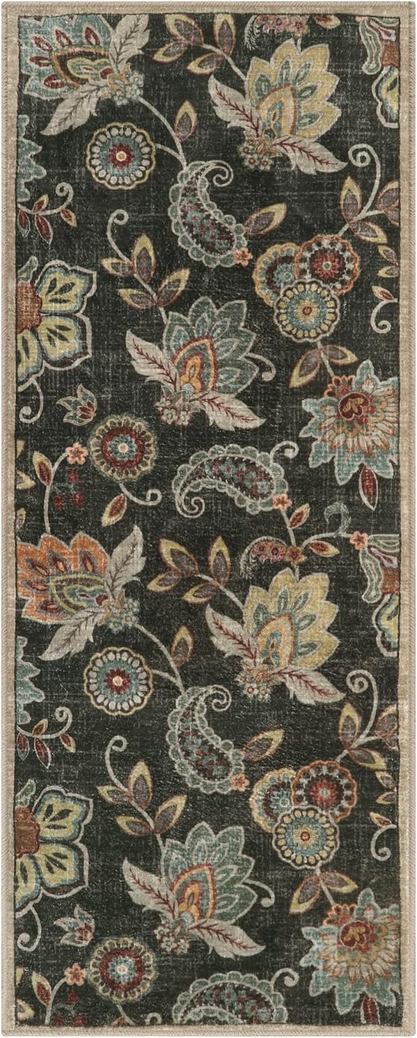 Morebes Floral Bathroom Runner Rugs 24 x 60 Non Slip,Washable Kitchen Runner Rug,Distressed Paisley Entryway Rug Bath Mat,Non Shedding Throw Carpet Runner for Entrance Laundry,Brownish Black