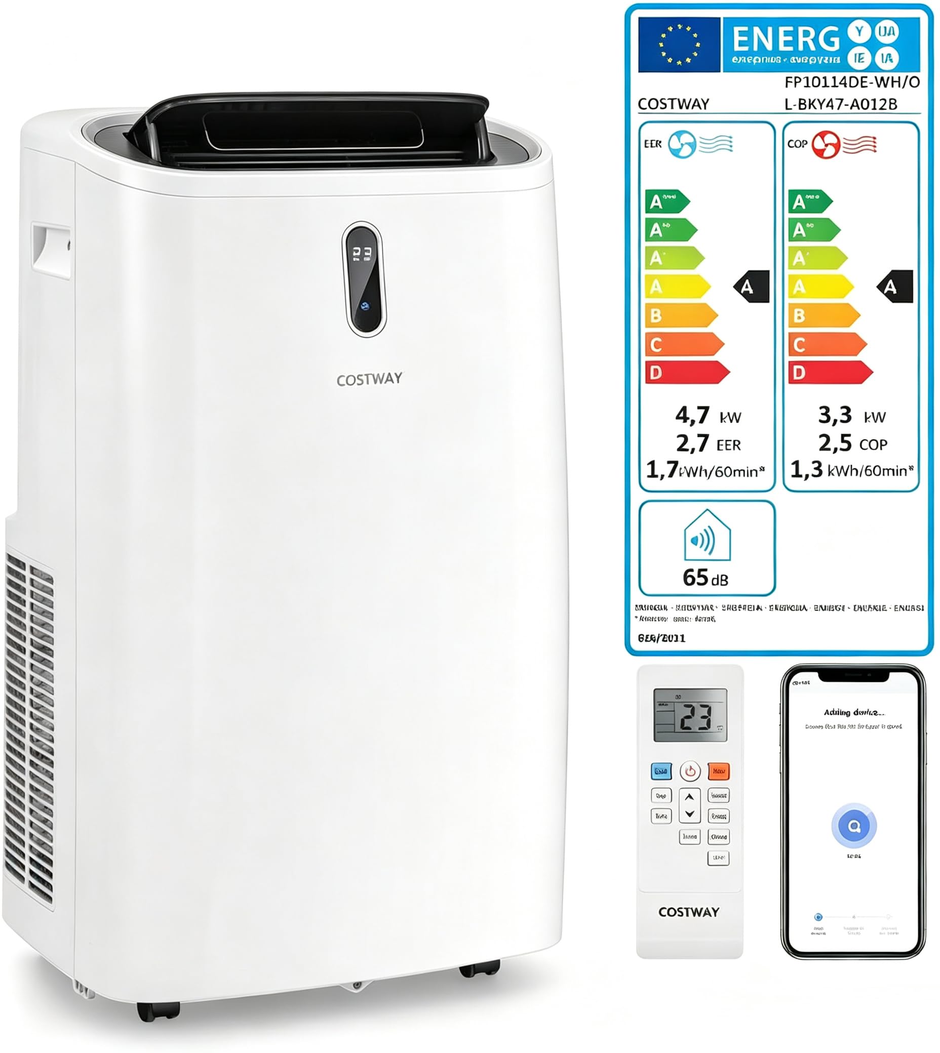 COSTWAY Klimaanlage mobil 16000BTU, Klimagerät mit Abluftschlauch | 5 in 1 Kühlen & Heizen & Entfeuchten & Schlafmodus für Räume bis zu 150 m³, Fernbedienung/App, 24H Timer, 4700W, ≤57dB