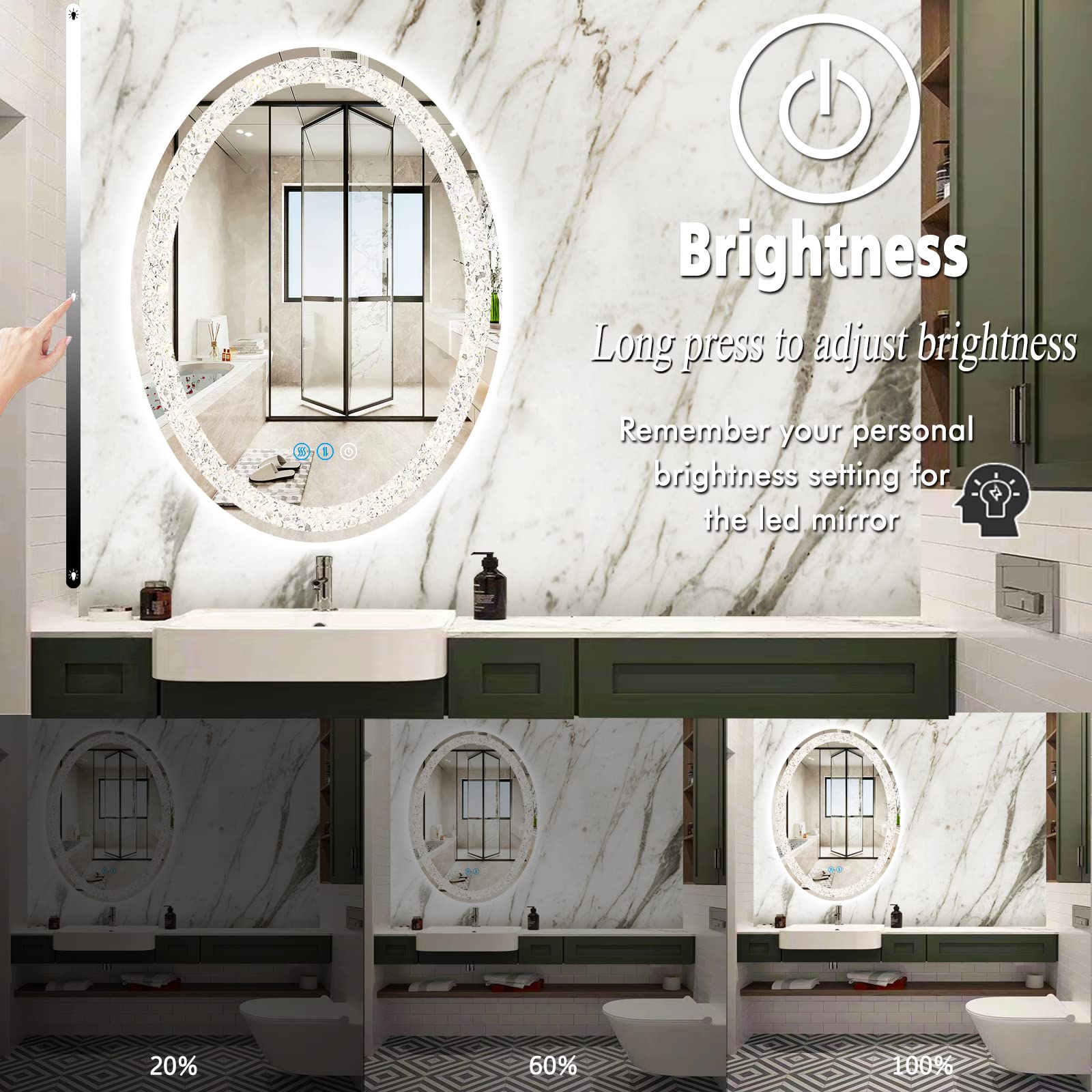 24 x 32 inch Bathroom Crystal Oval Vanity Mirror with Lights 3 Color ...