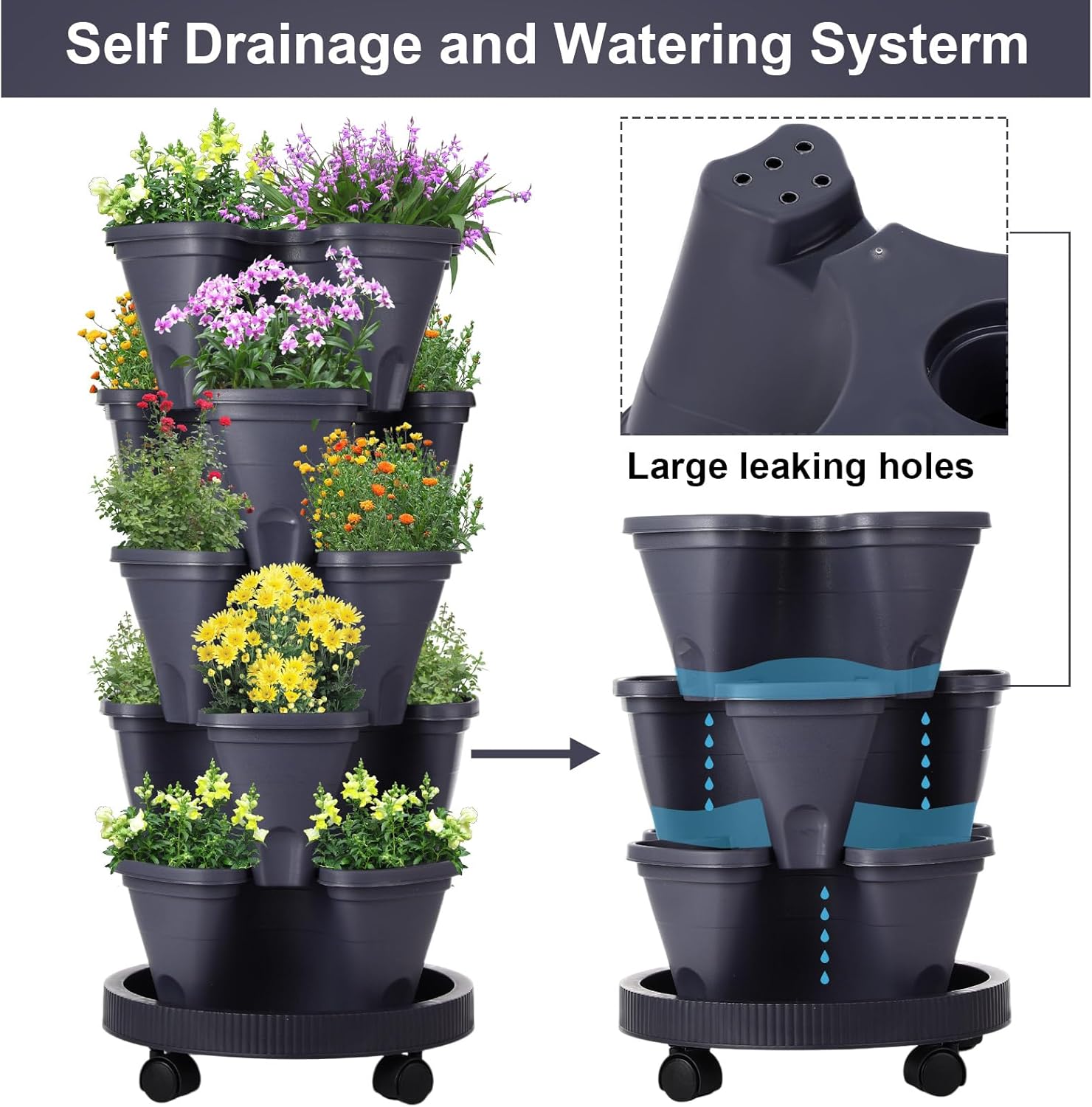 Umigy 2 Set 5 Tier Stackable Planters Vertical Garden Planters for Strawberry Herb Flower and Vegetable Indoor Outdoor Gardening Pots with Removable Wheels and Bottom(Grey)