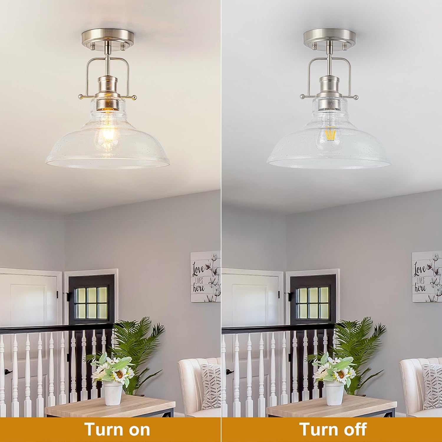 WILON Farmhouse Glass Semi Flush Mount Ceiling Light Fixture, Kitchen Lighting Fixtures Industrial Ceiling Lamp for Hallway Bedroom Kitchen Laundry Room (Brushed Nickel & Seeded, 1 Pack)
