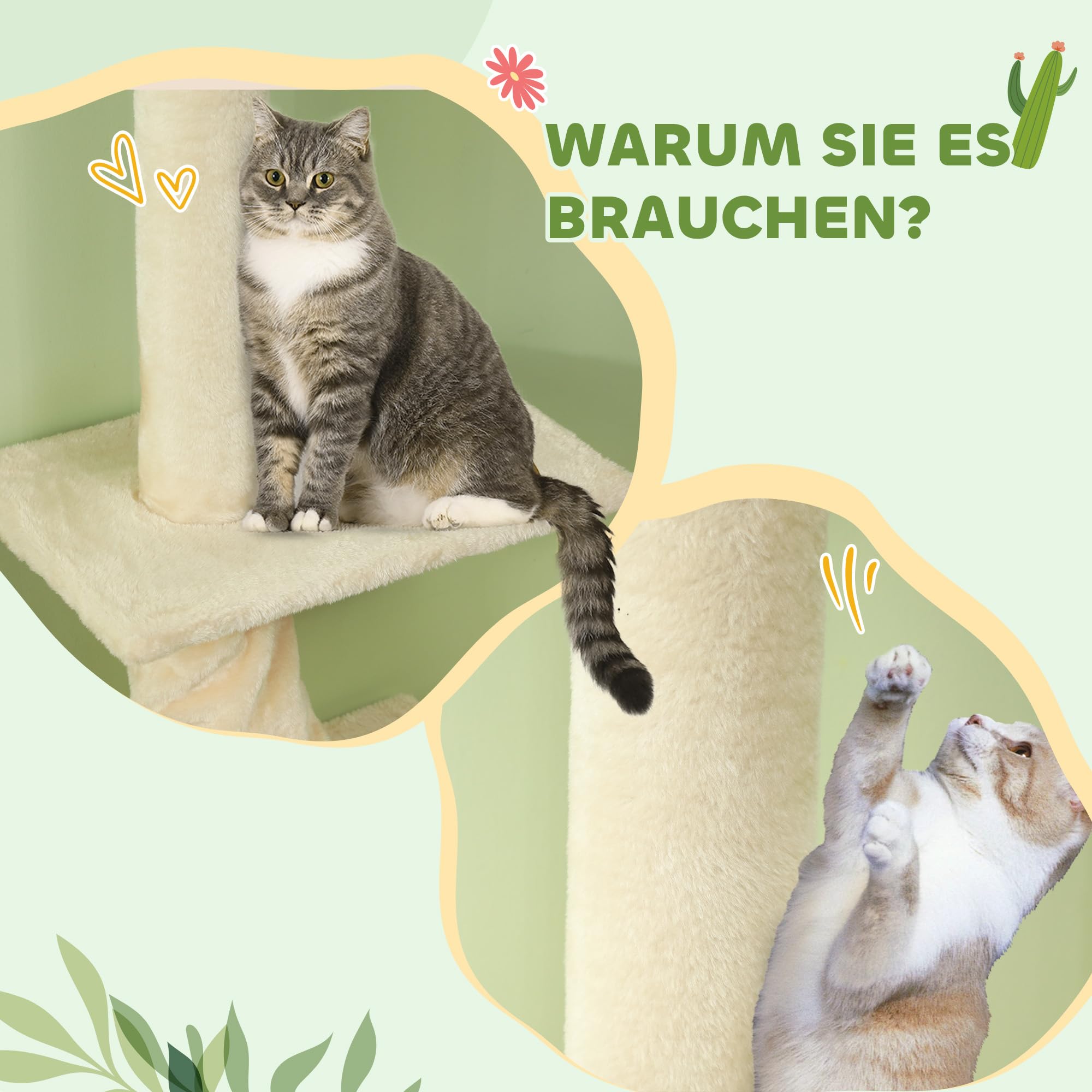PawHut Kratzbaum Deckenhoch Höhenverstellbar 225-275 cm Cremeweiß | Katzenbaum, Katzenkratzbaum mit Kratzsäulen, 5 Plattformen, Katzenturm für mittelgroße Katzen