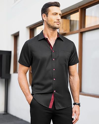 Miniatura 2 de J.VER Camisas de vestir de manga corta para hombre, elásticas, sin arrugas, informales, con botones, con bolsillo, para negocios, bodas