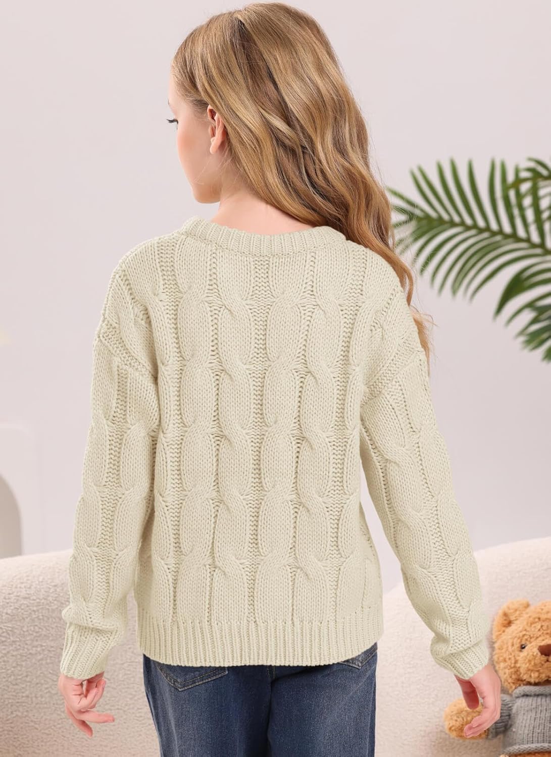 Girls Cable Knit Sweaters Chunky Long Sleeve Crewneck Drop Shoulder Warm Pullover Sweater Tops Size 5-14Y - Image 4