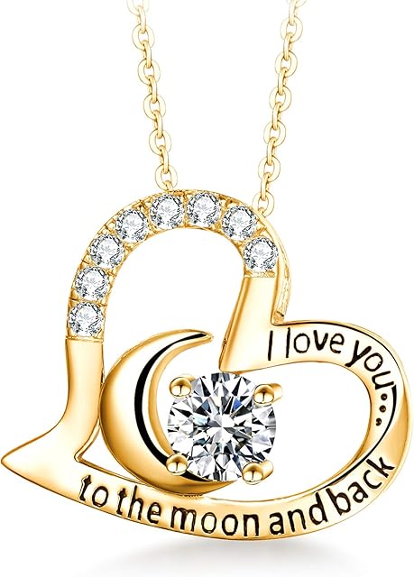 T400 Sterling Silver Necklace I Love You to The Moon and Back White Cubic Zirconia Heart Pendant Jewellery Gifts for Women Wife Girlfriend Her Birthday Valentines