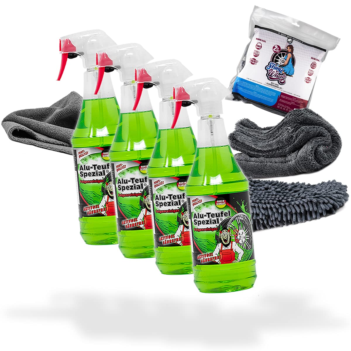 detailmate Juego de limpieza de llantas: 4 x Tuga Chemie Alu-Teufel 1 L limpiador de llantas + juego de Nuke Guys Shiny Wheels con paño y manopla de lavado + paño de microfibra Edgeless 380 g/m²