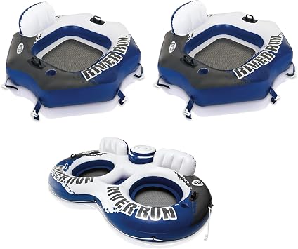 INTEX River Run Connect 1 Person Inflatable Water Raft 2 Pack Bundled with River Run II 2 Person Inflatable Floating Lounge with Cooler
