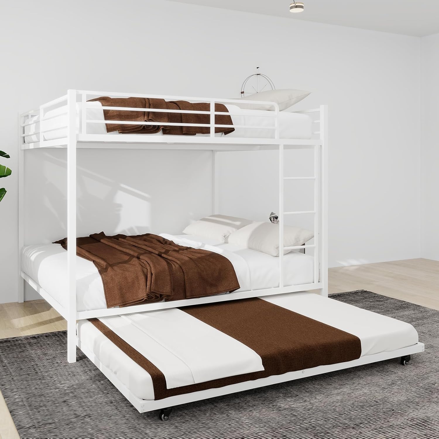 Bellemave Metal Bunk Bed with Trundle, Full Over Full Bunk Twin Trundle and Guardrail and Ladder for Kids/Teenagers, Adults, White