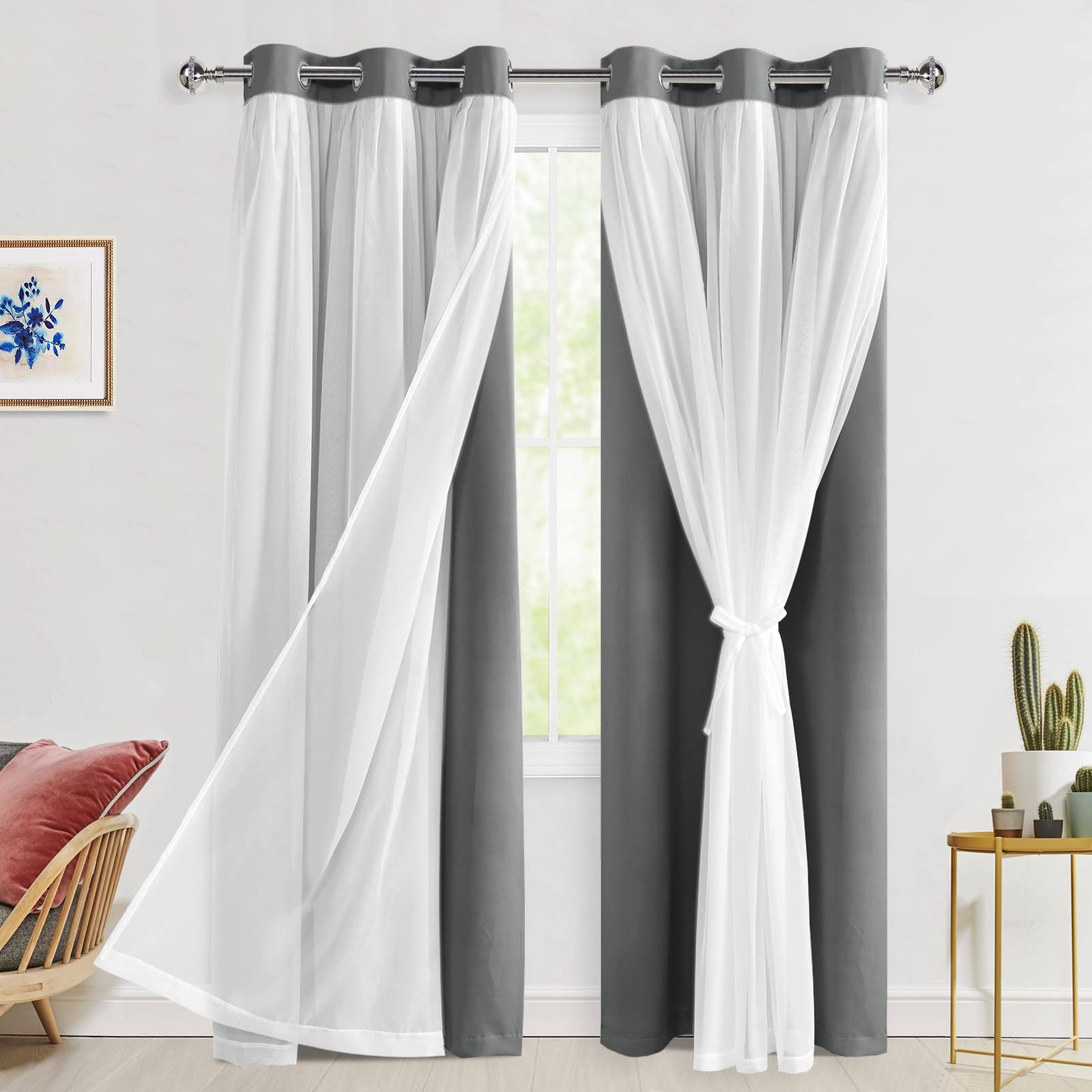 Hiasan Blackout Curtains with Sheer 84 Inches Long, Grommet Thermal Insulated Mix & Match Double Layer Window Curtains for Bedroom, Living Room, 2