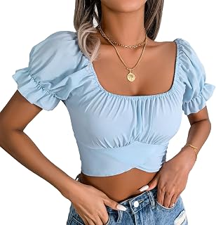 Blusa feminina bufante de manga curta com laço nas costas chiffon cropped blusa verão elegante plissado camiseta top