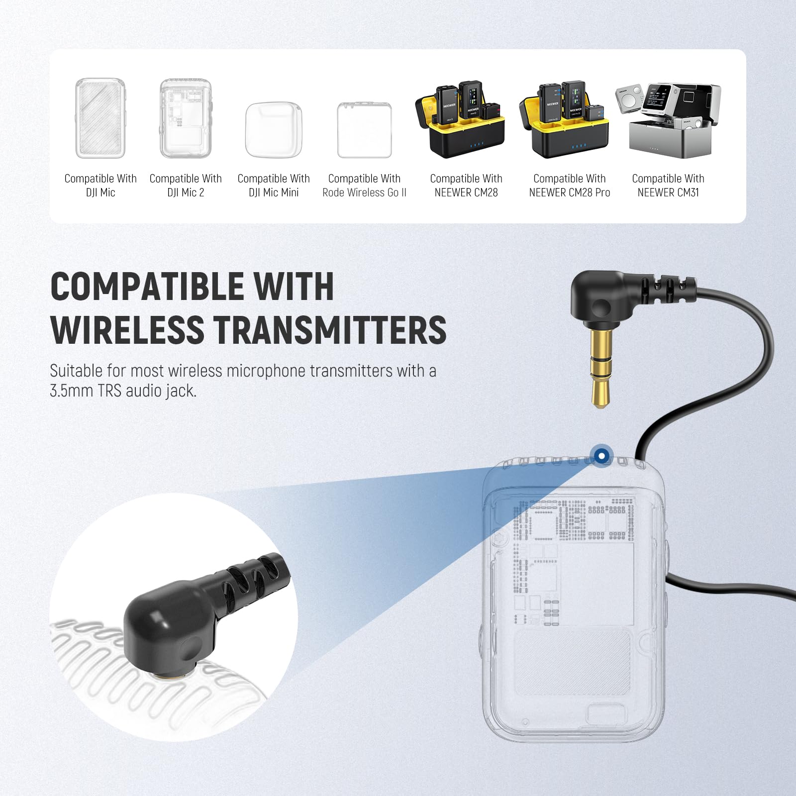NEEWER ø4mm Mini Micrófono Solapa (Paquete de 2), Clip On Mic Solapa Condensador Cable con 5ft/1,5m 3,5mm Conector TRS, Compatible con dji Mic 2 Rode Wireless Go II NEEWER CM28 CM31 Cámara, LM8 | Set de Micrófono Solapa, Cable 1,5m Conector TRS 3,5mm, com