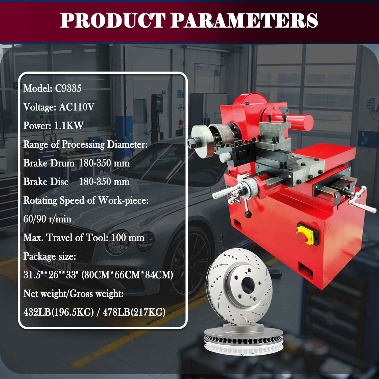 Brake Drum & Disc Lathe Machine 1100W Auto Brake Rotor Repair Grinder for Cars/Trucks φ180-350mm | 60/90 RPM High Precision Brake Resurfacing Tool with Self-Feeding C9335 110V