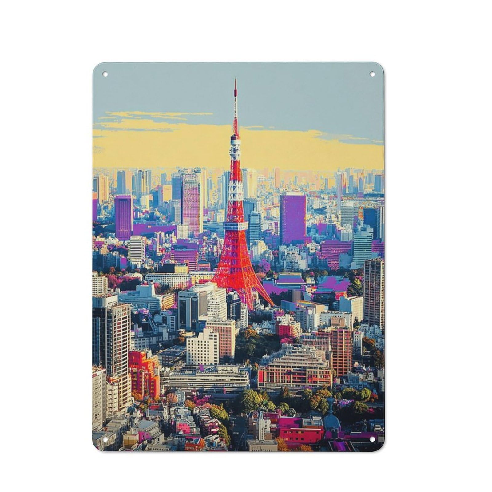 Junmoney Tokyo Tower A Vibrant Cityscape Vintage Tin Wall Plaque 40X30cm For Kitchen Or Home Bar, For Vintage Wall Decor Fans, For Themed Room Decoration