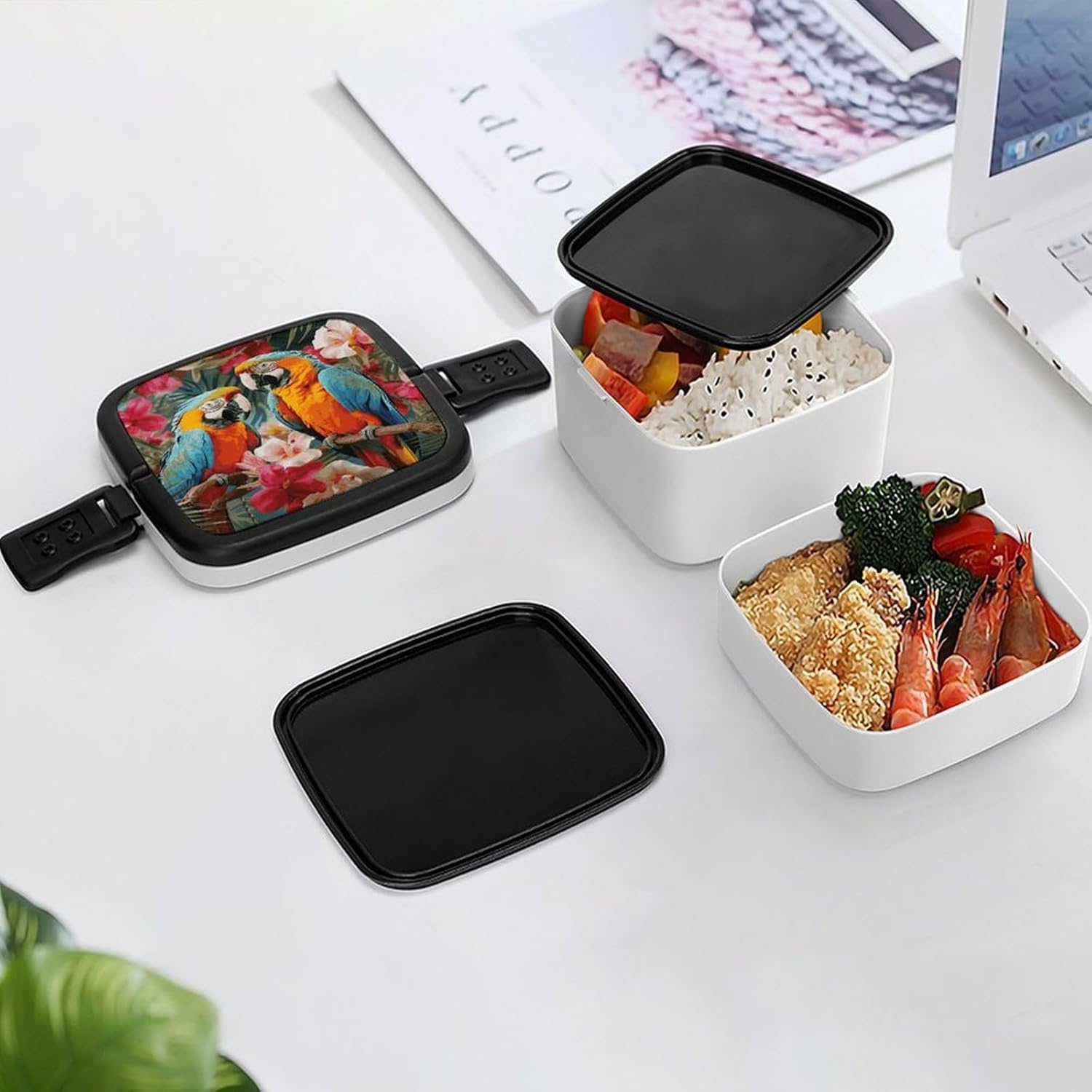 Bento Box with Spoon And Handle Tropical Plants And Parrots Printed Stackable Bento Box Portable Bento Lunch Box Container for Work Camping And Travel