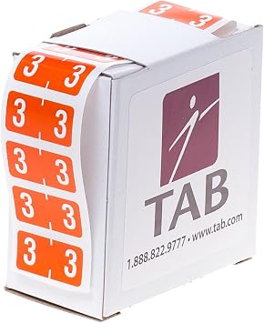 TAB Compucolor Numeric Folder Label Roll, 3, Dark Orange, 1/2", 500 Labels/Roll
