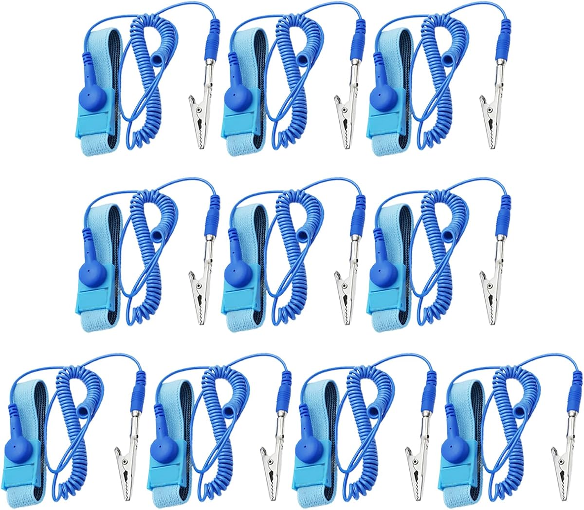 Paquete de 10 muñequeras ESD con enchufe de conexión a tierra, cable en espiral ajustable (azul)
