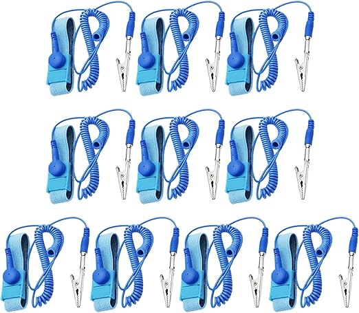 ESD Anti-Static Wrist Strap with Grounding Wire,Adjustable Coiled Cord – 10 Pack Comfortable Anti Shock Wristband for Electronics Repair (Blue)