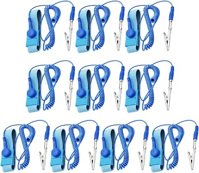 10 Pack ESD Wrist Strap with Grounding Plug, Adjustable Coiled Cord Blue